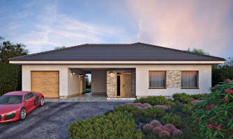 Modern masonry 4-room family house project with a separate garage with storage and a carport.